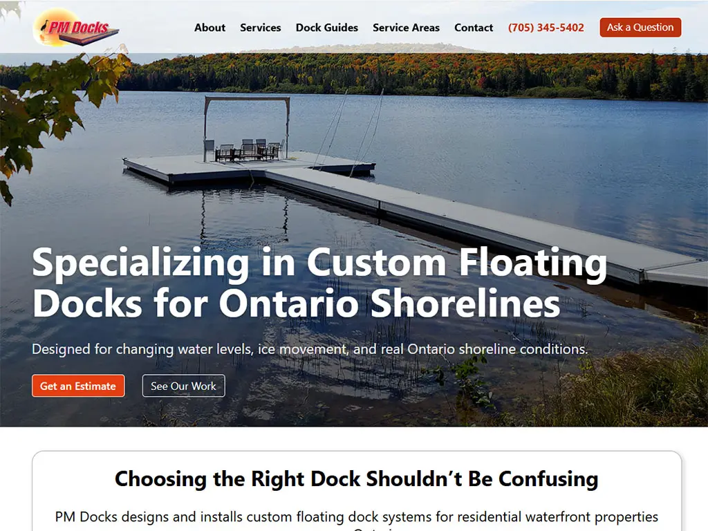 Homepage hero section of the PM Docks website showcasing custom floating dock systems on an Ontario lake