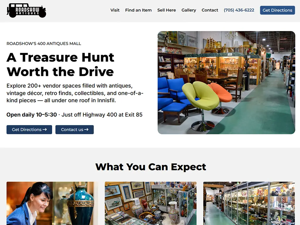 Roadshow’s 400 Antiques Mall homepage showing “A Treasure Hunt Worth the Drive” headline, interior vendor booths, antiques displays, navigation menu, and What You Can Expect section.